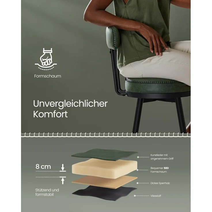 VASAGLE EKHO Kollektion - 360° drehbarer Barhocker, 2er Set, Hocker mit Rückenlehne für Bartisch, Kunstleder mit Nähten, Mid-Century-Modern-Stil, 76 cm hoch, Küche, Hausbar, waldgrün – Bild 7