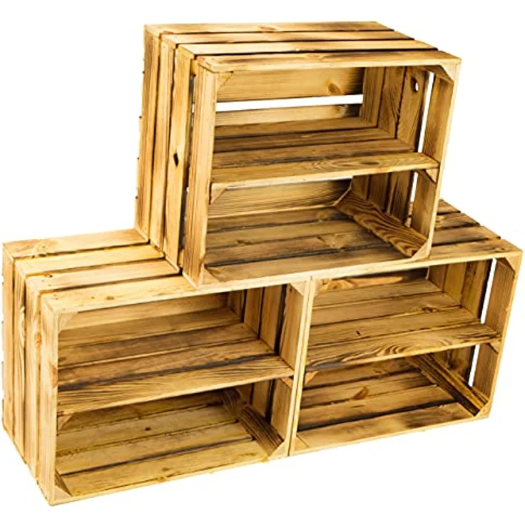 3 x Schuhschrank Schuhregal aus geflammten Holzkisten Schuhablage für 12 Paar Schuhe als Schuhständer Schuhaufbewahrung aus Holz Maße 50 x 30 x 40 cm (je Kiste) stabiles Regal in Obstkisten Optik – Bild 6