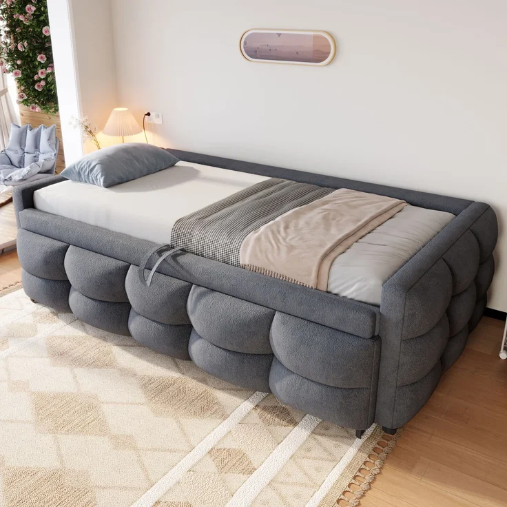 ZUBALIYA Schlafsofa 90x180 cm, ausziehbare Liegefläche, Lattenrost, Leiter, mit Teddy-Stoffbezug, Grau, ohne Matratze – Bild 4