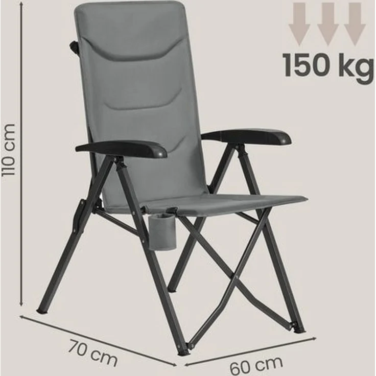 SONGMICS Campingstuhl, verstellbare Rückenlehne 95°-150°, Getränkehalter, Tragetasche, Angeln, Garten, Camping, grau – Bild 5