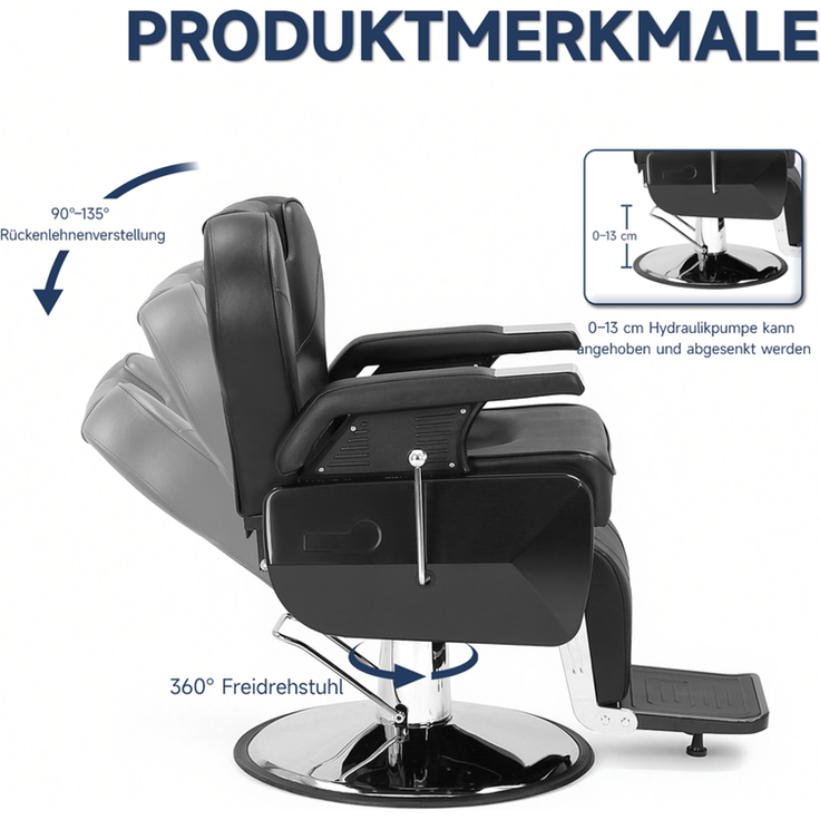 HOME NATURE WOHNKONZEPT Schwerlast Friseurstuhl hydraulisch, Barberstuhl höhenverstellbar, 360° drehbar, mit neigbarer Rückenlehne & Fußstütze, Kunstleder, Schwarz – Bild 3