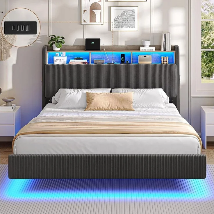 MSMASK Polsterbett Schwebebett mit 270°-LED-Beleuchtung, USB & Type-C Ladestation (Ohne Matratze), Doppelbett mit Stauraum-Kopfteil 140x200 cm – Bild 1
