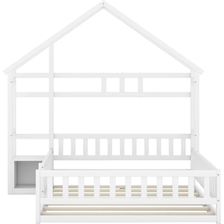 Bett 140x200 cm Hausbett aus Kiefernholz mit Geländer und Nachttisch – Bild 2