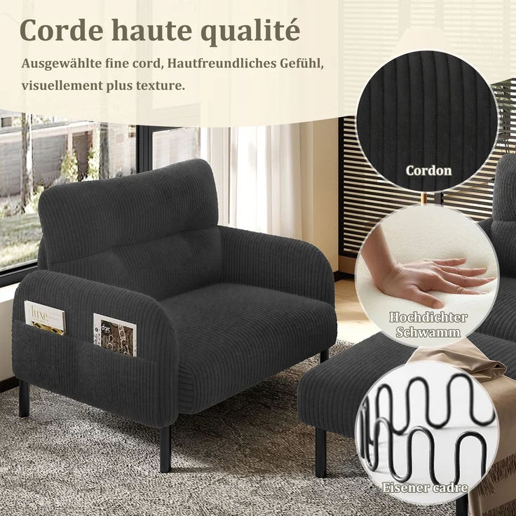 3-teilige Cord-Sitzgruppe aus 2-Sitzer-Sofa, Sessel und Hocker, gepolstertes Lounge-Set mit Seitentasche und Metall-Holz-Gestell, Grau – Bild 6