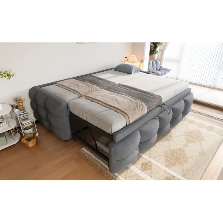 ZUBALIYA Schlafsofa 90x180 cm, ausziehbare Liegefläche, Lattenrost, Leiter, mit Teddy-Stoffbezug, Grau, ohne Matratze – Bild 19