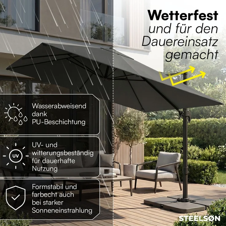 STEELSØN 'Elaris' Premium Sonnenschirm 300x300 cm quadratisch, neigbar und 360-Grad drehbar, anthrazit, Ampelschirm inkl. Hülle, extrem robuste Metall-Stange, 220 g/m² Polyester, UV50+ – Bild 3