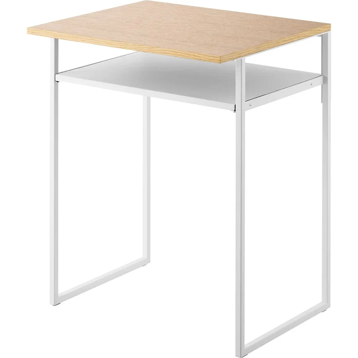 Yamazaki 1487 Tower Tisch mit Holzablage und Ausziehplatte, weiß, Stahl/Holz, minimalistisch, 45,2 x 53 x 66,8 cm