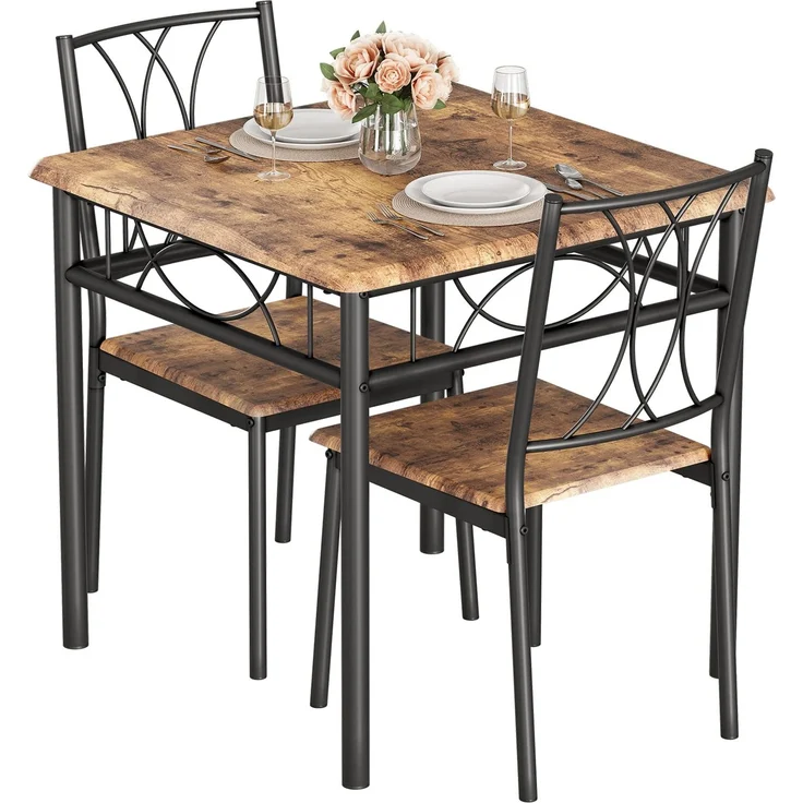IDEALHOUSE 3-Teiliges Esszimmer Set Für 2 Personen, Esstisch&2 Gepolsterte Stühle, Platzsparend Esszimmermöbel-Set, Metall Und Holz, Stabil, Tisch Essgruppe Mit 2 Stühlen Für Kleine Räume, Küche-Holz2