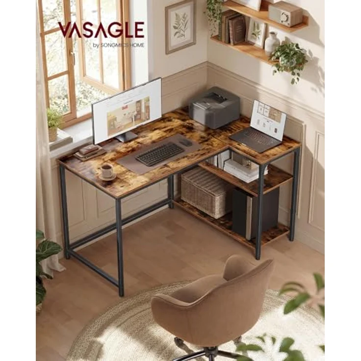 VASAGLE Eckschreibtisch in L-Form, Computertisch mit Stauraum, Bürotisch, höhenverstellbare Ablage, für Homeoffice, 110 x 80 cm, vintagebraun LWD135KD01 – Bild 4