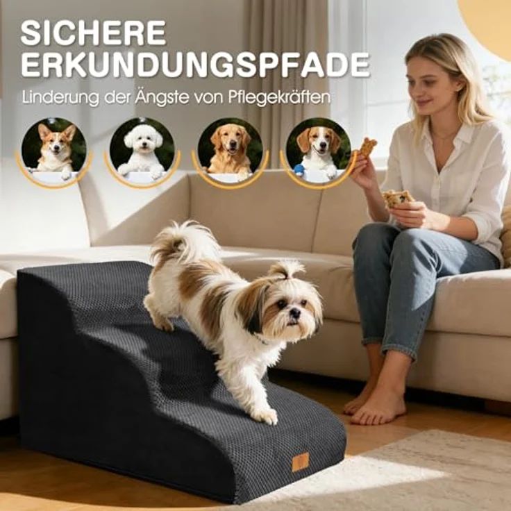 ZNM Hundetreppe – 3-stufige, wasserdichte Haustiertreppe für kleine Hunde, mit waschbarem Bezug und Reißverschluss, rutschfester Schwamm-Rampe, tragbar, auch als Katzentreppe nutzbar – Bild 3