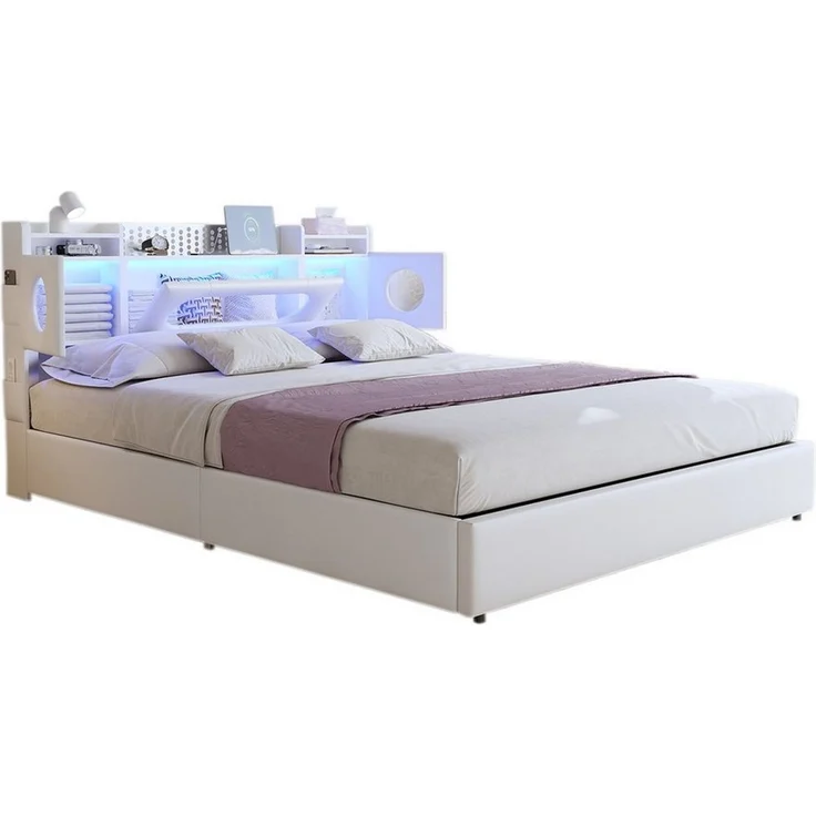 FUROKOY Stauraumbett Polsterbett Doppelbett mit LED-Beleuchtung (Aufklappbares Kopfteil mit Stauraum und Ladeanschluss), Hydraulikbett Funktionsbett, PU, Weiß, 140x200cm – Bild 5