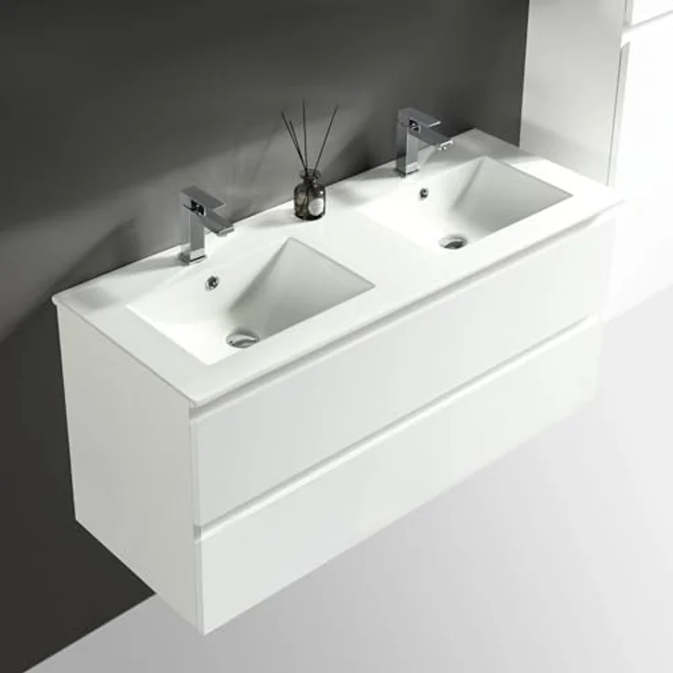 Alpenberger Badezimmer-Set Badezimmer Möbel Badschrank - Doppelwaschbecken mit Unterschrank, (Moderner Waschplatz, Keramik Waschbecken mit Überlauf), Doppelwaschtisch 120 cm Breit – Weiß Glänzend – Bild 8