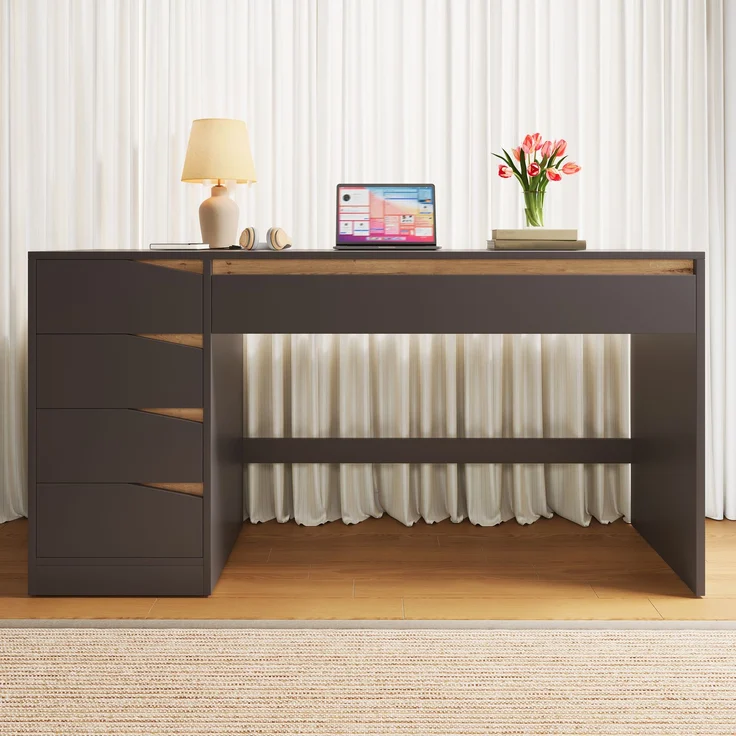 ZUBALIYA Schreibtisch 140x50 cm mit 5 Schubladen, Grau /Eiche-Optik, Moderner Computertisch mit extra großer Arbeitsfläche, Schminktisch mit Stauraum, Bürotisch für Homeoffice, Schlafzimmer und Arbeitszimmer – Bild 1