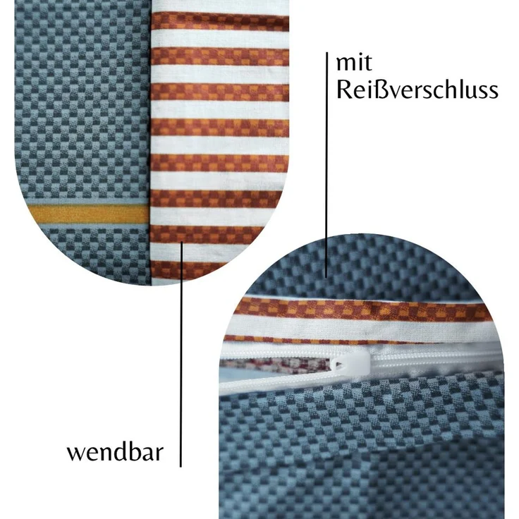 Renforce Bettwäsche mit Reißverschluss - Wendebettwäsche aus 100% Baumwolle, Karo- und Linienmuster 240x220 cm + 2 x 80 x 80 cm – Bild 6