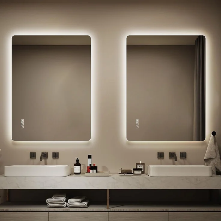 Badspiegel aus Glas mit LED-Beleuchtung, dimmbar und beschlagfrei, 60x80 cm, Silber – Bild 3