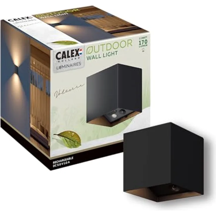 CALEX Volterra Wandleuchte, Akkuleuchte für Innen & Außen mit Bewegungsmelder, warmweißes Up & Down Licht, USB-C, kabellos, wasserdicht, Schwarz