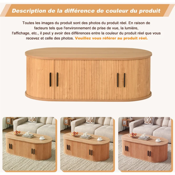 Couchtisch 100 x 50 x 33 cm, mit ovaler Tischplatte, mit verdeckt liegendem Stauraum, aus MDF und Spanplatte, Naturfarben – Bild 14
