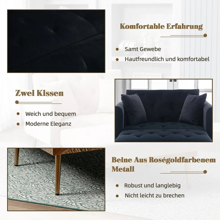 Relaxsessel mit verstellbarer Rückenlehne,3-stufig klappbarer Ruhesessel aus Plüschstoff mit 2 Kissen,Schwarz – Bild 9