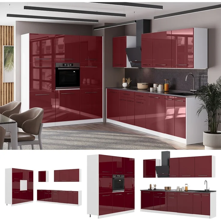 Küchenzeile Fame-Line Bordeaux Hochglanz/Weiß 460 cm, AP Marmor Vicco – Bild 3