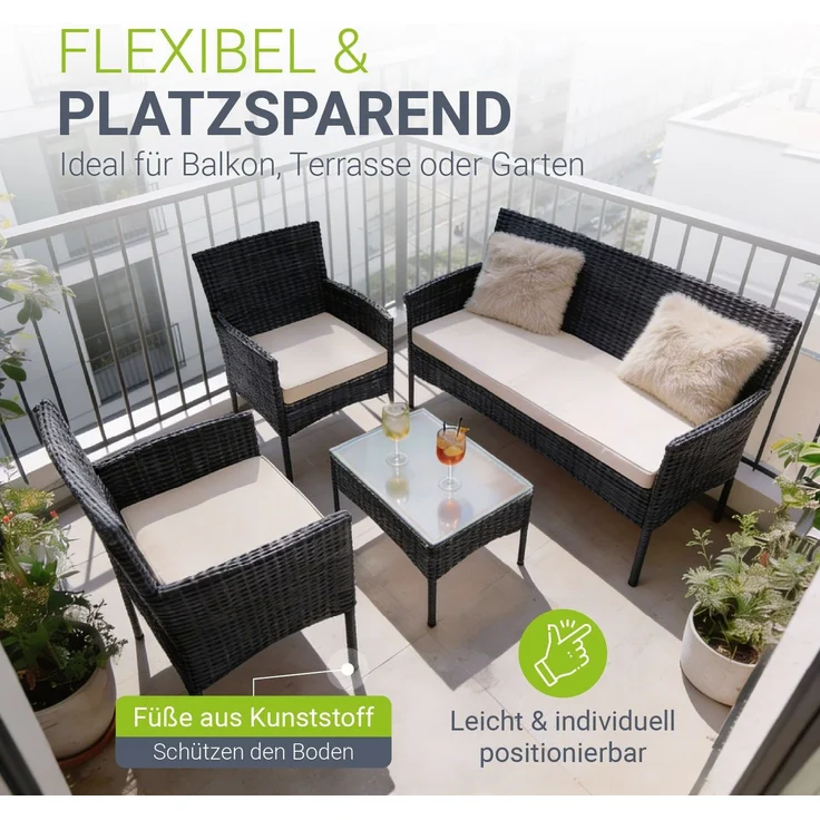 Juskys Polyrattan Gartenmöbel-Set Fort Myers schwarz inkl. Abdeckung – Sitzgruppe mit Tisch, Sofa & 2 Stühlen - Balkonmöbel für 4 Personen mit creme-weißen Auflagen – Bild 4