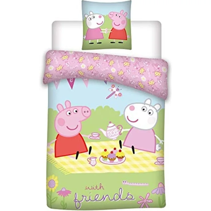 Baby Kinder Bettwäsche Peppa Wutz & Luzie Locke Picknick, Bettdecke 100x135 + Kopfkissen 40x60 cm, 100% Baumwolle
