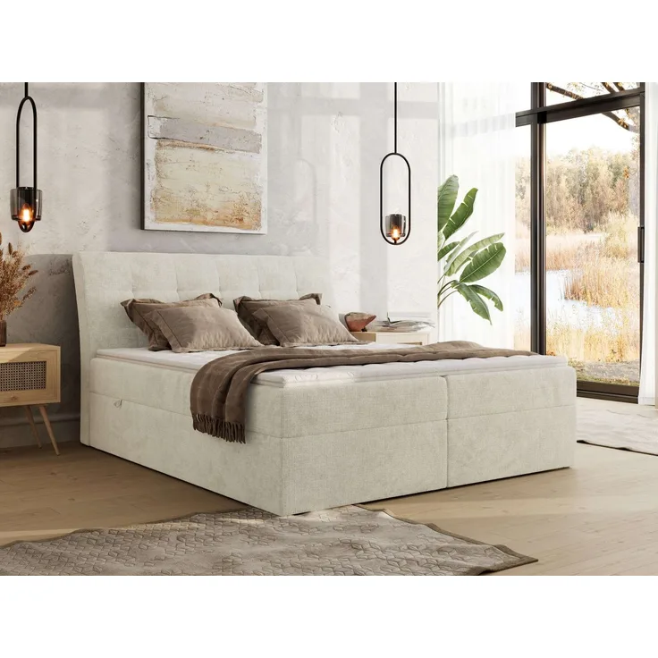Boxspringbett DAGOS 140x200 cm mit Kopfteil, Lattenrost und Stauraum – Doppelbett mit Matratze & Topper Visco , stabile Konstruktion, Bettkasten, modernes Design - Creme Schenille grob gewebt - H4