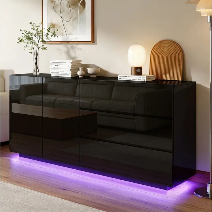 Furnishings Home Sideboard Mehrzweckschrank LED Hochglanz Buffetschrank, Breite 160 cm (1 St, Beistellschrank mit 2 Türen und 3 Schubladen), Mit LED-Beleuchtung, Push-to-open-Funktion