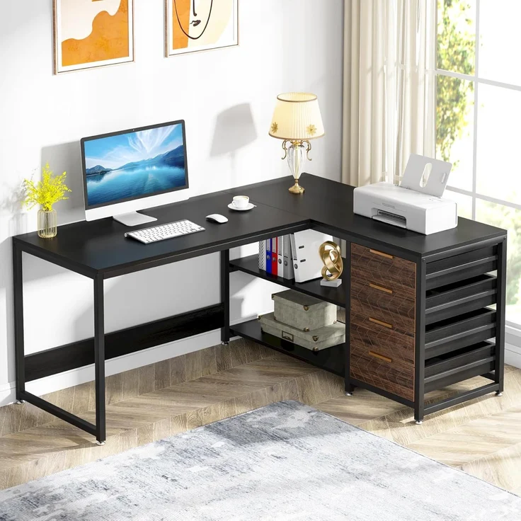 LITTLE TREE 59-Zoll-L-förmiger Schreibtisch mit Schubladen, großer Computertisch mit Ablagefächern, umkehrbarer L-förmiger Eckschreibtisch für das Homeoffice – Bild 2