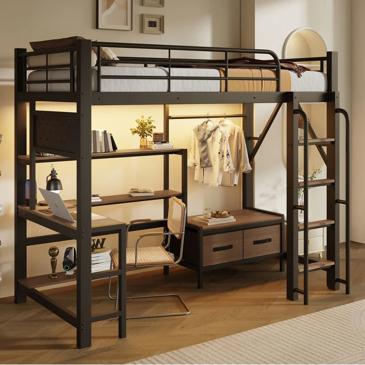 Hochbett 90x200 cm mit Schreibtisch, LED-Lichtleiste, USB-Anschluss und Stauraum, Schwarz – Ohne Matratze – Bild 1
