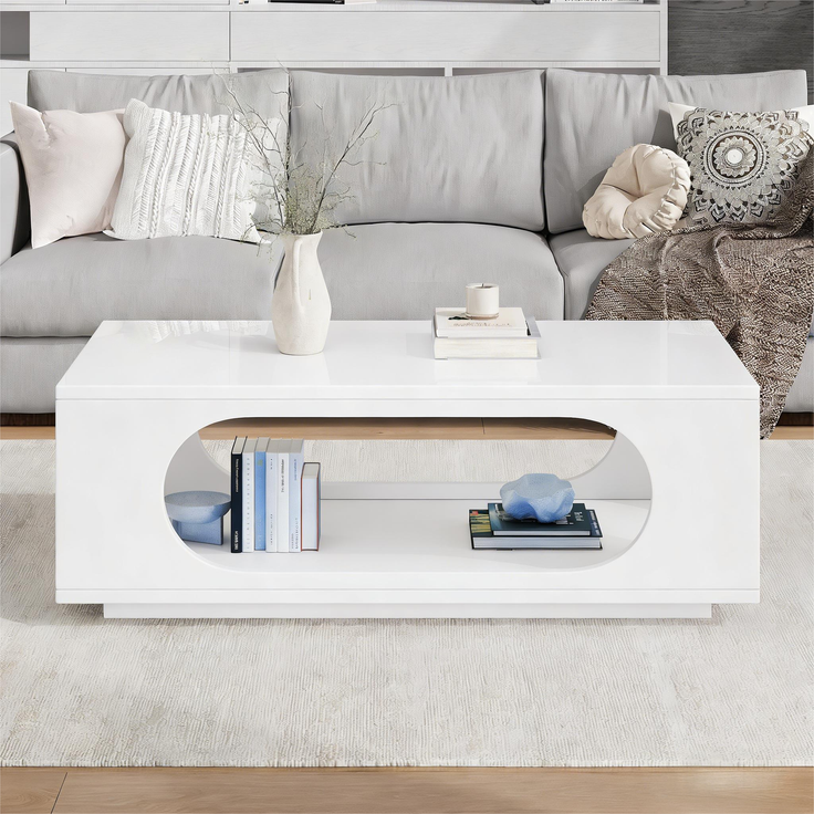 Couchtisch 100 x 50 x 35 cm mit LED-App-Steuerung, Kabelmanagement, MDF in Weiß Hochglanz