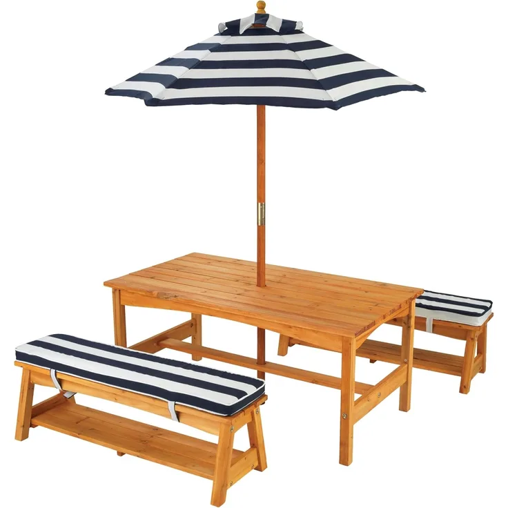 KidKraft Hübsches Gartenmöbelset, Gartentisch mit Bänken und Sonnenschirm, blau weiß gestreift, aus Holz