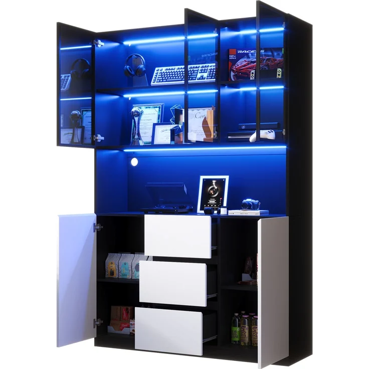 ZUBALIYA LED-beleuchtete Glasvitrine 120×40×200 cm – Vitrine aus gehärtetem Glas mit offenen Regalen, drei Schubladen und zwei Türen. Ein vielseitiger Schrank, der sich für Wohn- und Esszimmer eignet. – Bild 7