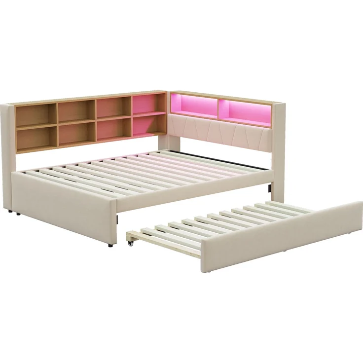 Multifunktionales Schlafsofa 140x200 cm mit Ausziehbett, LED-Leuchten, USB & Typ-C Ladeanschluss, Stauraum,Beige – Bild 9