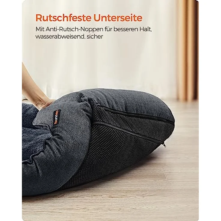 Feandrea Hundebett, Hundekissen in Leinenoptik, Hundekorb, erhöhte Ränder, rutschfeste Unterseite, Bezug abnehmbar waschbar, XXL, für extra große Hunde, 120 x 90 x 30 cm, dunkelgrau PGW013G01 – Bild 7