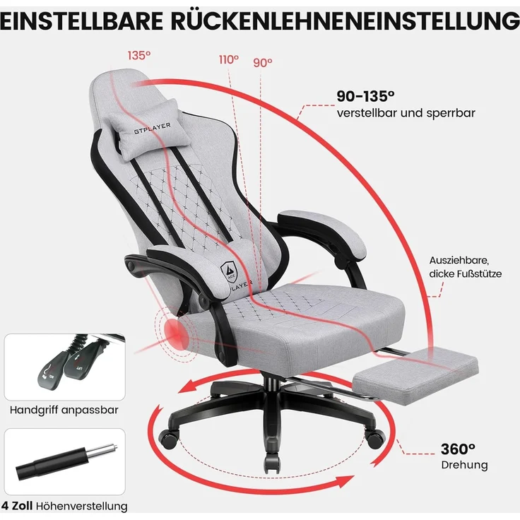 GTPLAYER Gaming-Stuhl Ergonomischer Gaming Sessel Schreibtischstuhl mit Stoffoberfläche (Pacekung), Federsitzkissen mit Fußstütze – Bild 5