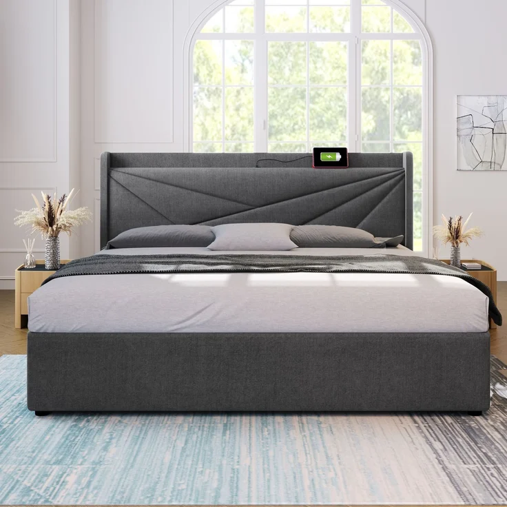 Polsterbett 160x200 cm mit Stauraum,Kopfteil mit USB & Typ-C Ladefunktion,Grau,inklusive Matratze – Bild 5