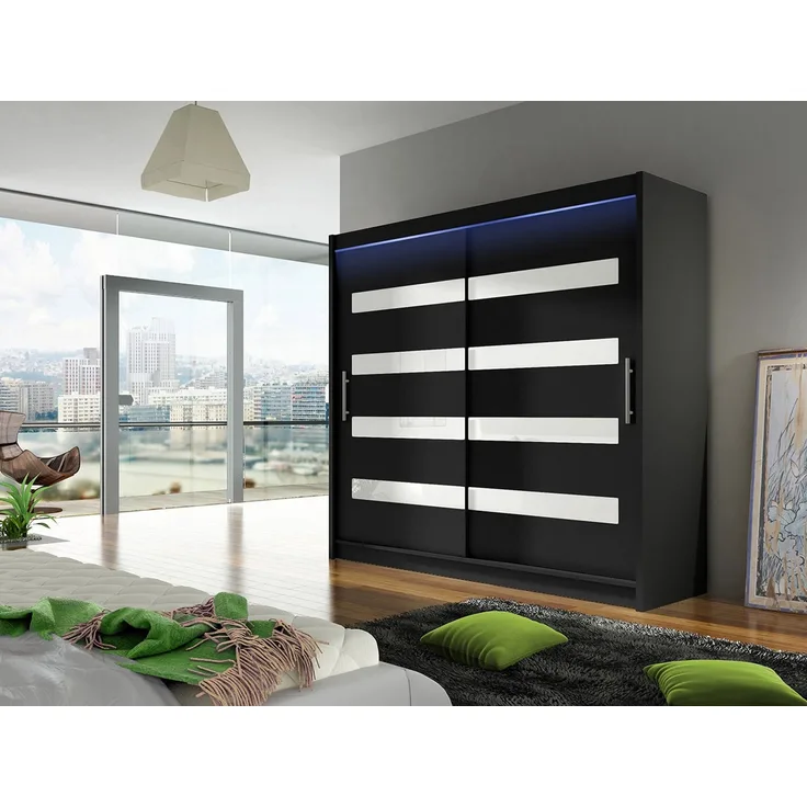Kleiderschrank London XI, mit RGB LED Beleuchtung, Farbe: Schwarz / Schwarz + Weiß Lacobel