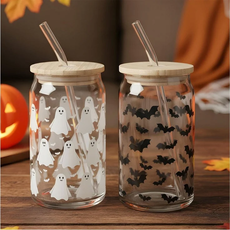 Levandeo® Glas, 2er Set Trinkglas 440ml Halloween Glas-Strohhalm Bambusdeckel – Bild 1
