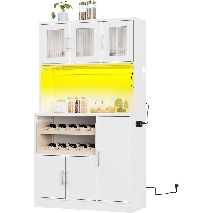 Kitchen Pantry Cabinet, Weißer Küchenschrank mit RGB-LED und Steckdose, Hoher Vorratsschrank mit Weinglashalter & Weinregal, Moderner Küchenschrank mit Glasfronten, 100x40x180 cm--Weiß--100x40x180cm--YOUDENOVA – Bild 10