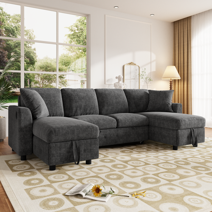 ZUBALIYA Schlafsofa 61x107 cm, mit USB - Anschluss, mit Stauraum, mit Ausziehbett, mit Chenille - Bezug, mit breiten Armlehnen, Grau – Bild 9