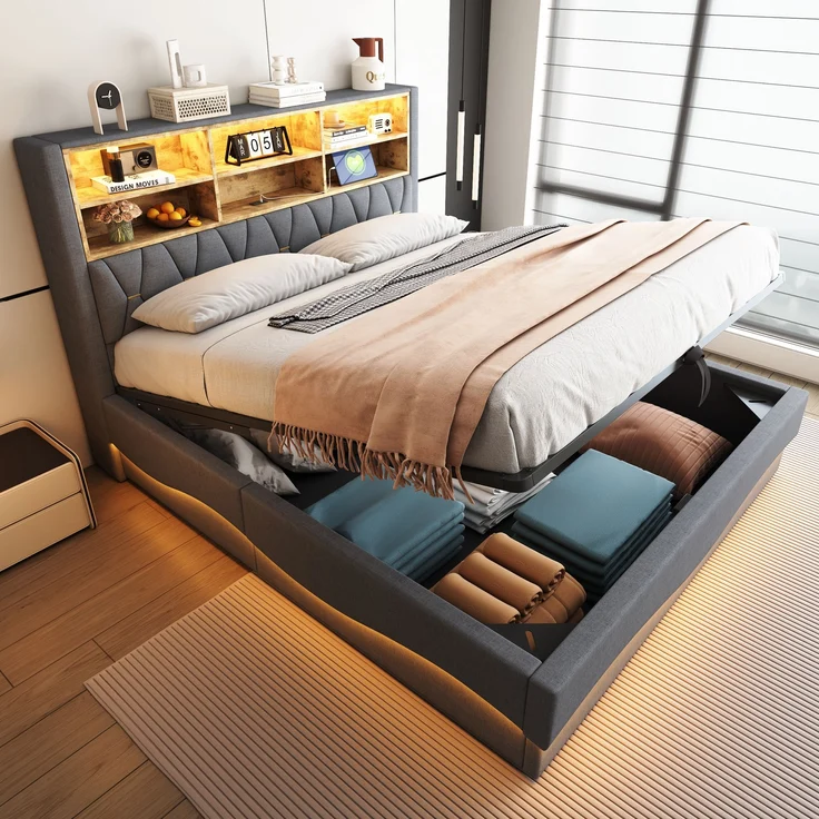 Polsterbett 180x200 cm mit Stauraum und LED-Beleuchtung – Leinenbezug & Metall-Lattenrost – Bild 1