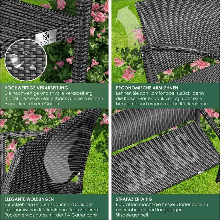 KESSER® Gartenbank Polyrattan 2-Sitzer Wetterfest | Rattan-Sitzbank UV-Beständig & bis 320kg belastbar | Balkon-Bank 125x62x90cm | Garten-Möbel mit ergonomischen Armlehnen | Für 2 Personen Anthrazit – Bild 2