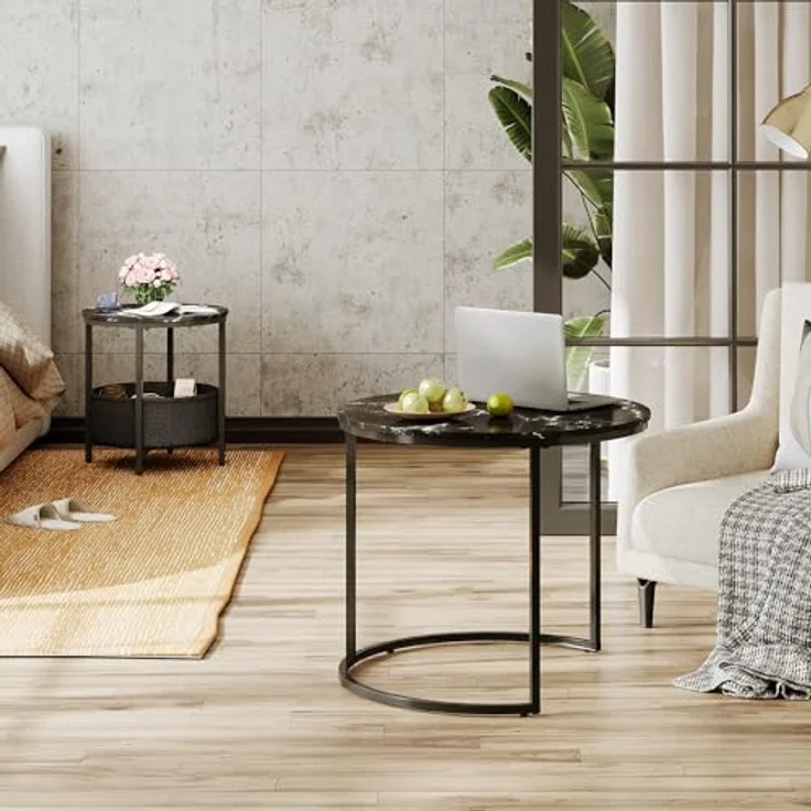 WLIVE Couchtisch 2er Set, Beistelltisch Rund mit Stauraum, Wohnzimmertisch Holz mit Metallrahmen, Sofatisch für Wohnzimmer Schlafzimmer, (Marmor Schwarz, 60 cm und 40 cm Durchmesser) – Bild 9