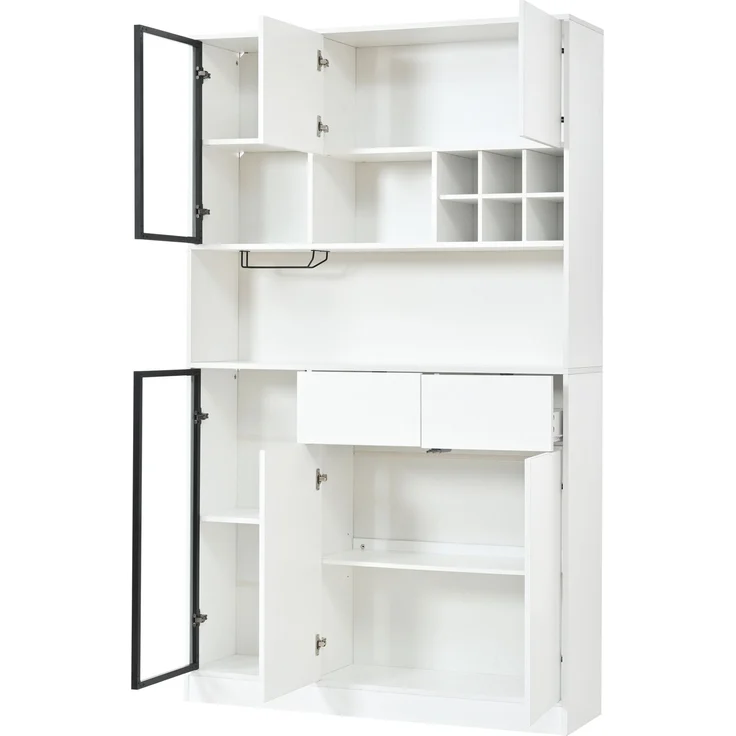Vitrinenschrank 120x33x200 cm in Weiß, 6 Türen, 2 Schubladen, LED und offene Fächer – Bild 6