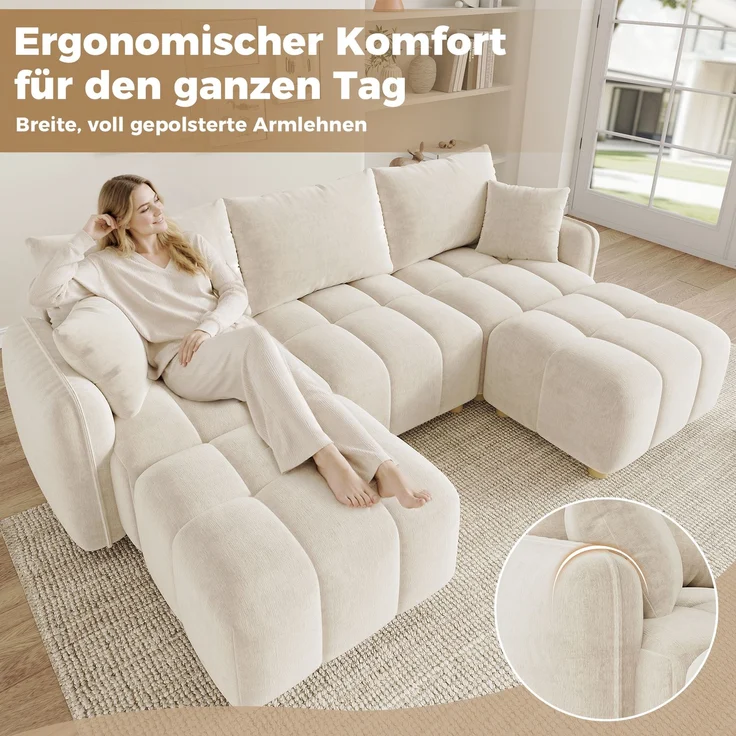 ZUBALIYA L-/U-förmiges wandelbares Ecksofa, 5-Sitzer modulare Sofakombination mit 2 Hockern und Kissen, Chenille-Stoff, Cloud-Sofa, breite Armlehnen, geeignet für Wohnzimmer, Schlafzimmer, Wohnung – Bild 9