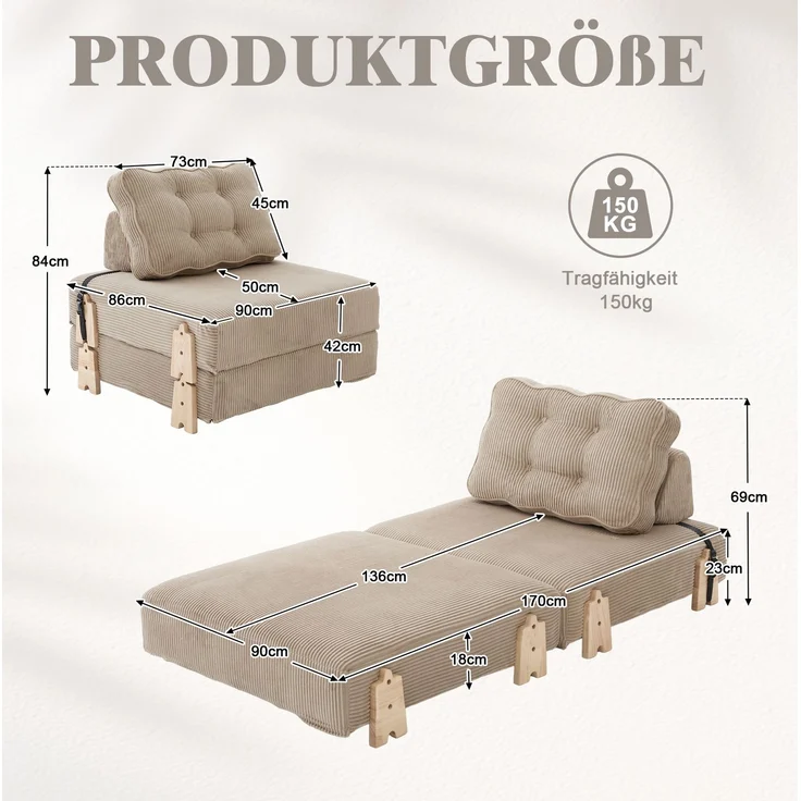 Schlafsessel aus Cord, klappbar mit Holzgestell, 90x86x84 cm, Khaki – Bild 3