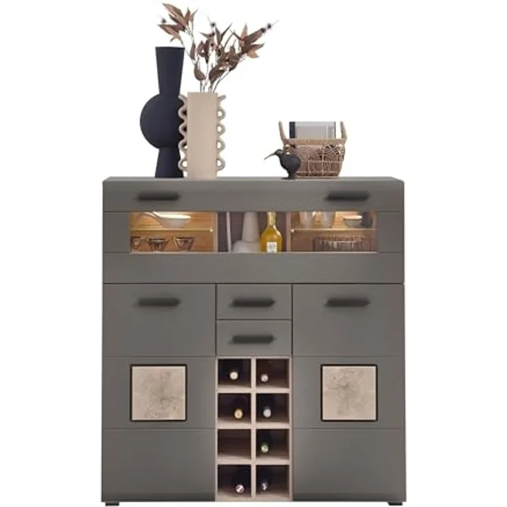 Barschrank >Kathlin< Barfach, Stauraum, LED, basalt / Eiche Dekor - 120x129x37 (BxHxT) – Bild 1