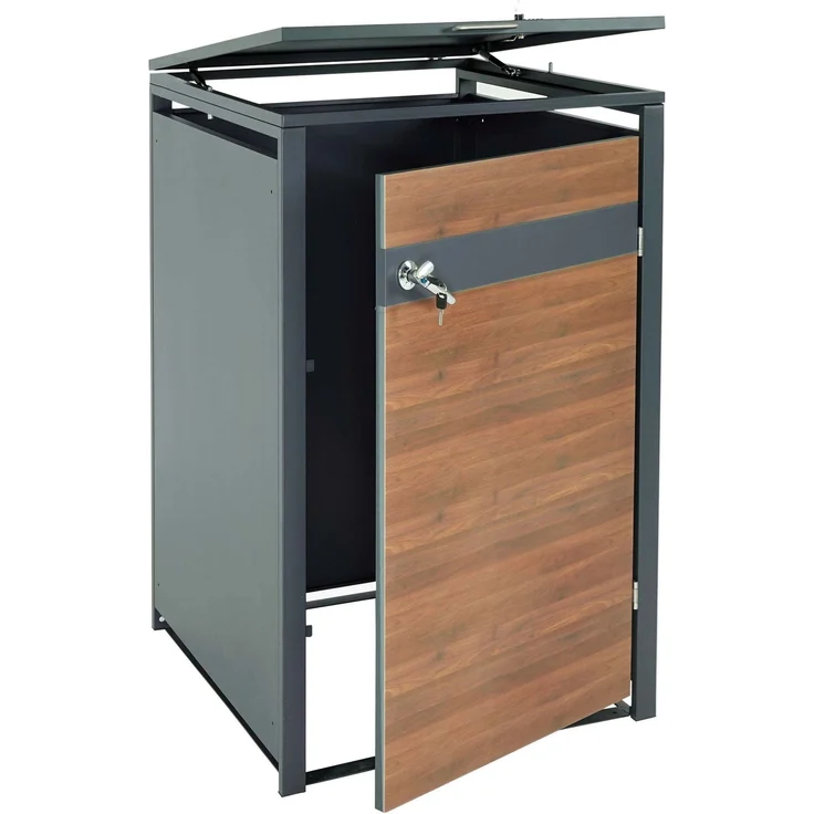 1er Mülltonnenverkleidung HWC-J82, Mülltonnenbox, erweiterbar, Metall 32kg, anthrazit ~ Kirsche-Holzoptik dunkelbraun – Bild 9