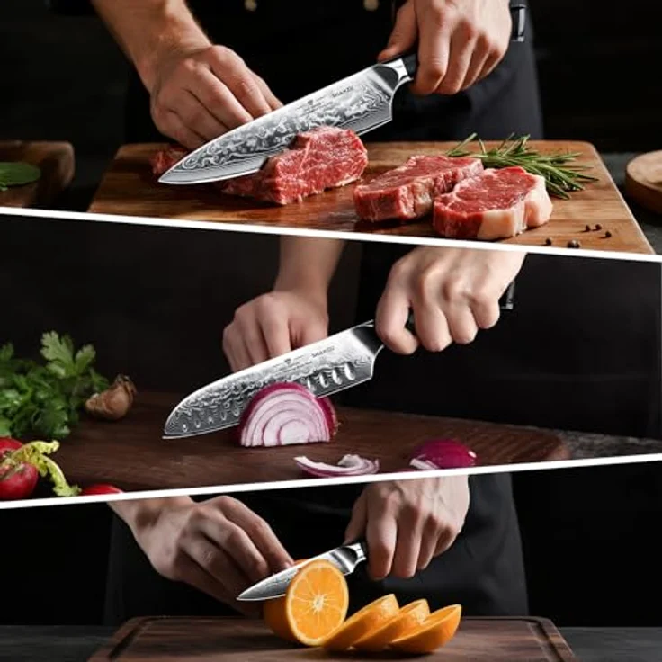 SHAN ZU Damastmesser-Set, 3-teilig japanisches Superstahl-Damast-Küchenmesser-Set, hochkohlenstoffreiches professionelles ultrascharfes Kochmesser-Set mit G10-Griff Geschenkbox – Bild 8