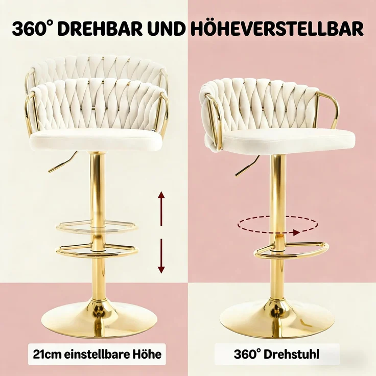 Barhocker 49,5 x 50,5 x 77-98 cm in Cremeweiß, Samt, höhenverstellbar und drehbar, 1 Stuhl – Bild 5